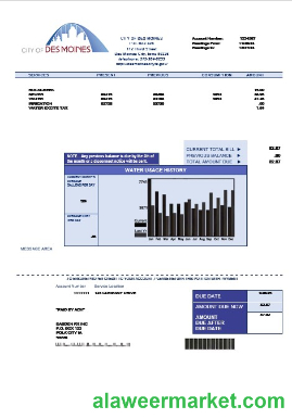 USA Iowa City of Des Moines water business utility bill template in Word and PDF formats